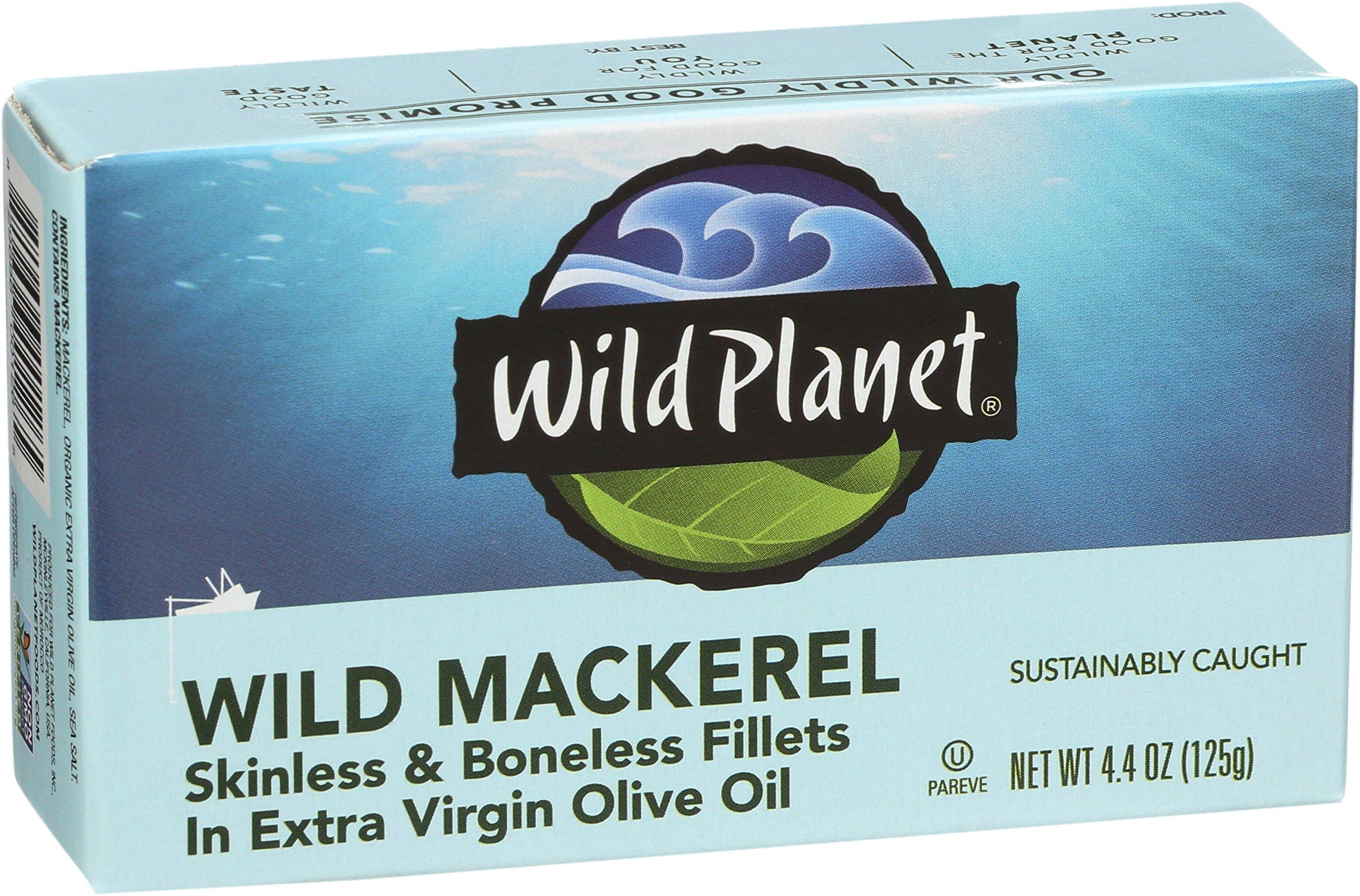 Wild Planet Wild Planet Skinless Boneless Mackerel Fillets in Organic Extra Virgin Olive Oil, Tinned Fish, Sustainably Caught, Non-GMO, Kosher, Gluten Free, Keto and Paleo, 4.4 Ounce Single Unit