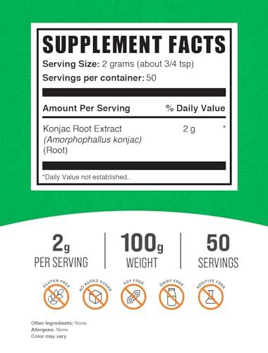 BulkSupplements BulkSupplements.com Glucomannan Powder - Konjac Root Extract Powder, Fiber Supplement Powder, Konjac Powder - Gluten Free, 2g per Serving, 100g (3.5 oz) (Pack of 1)