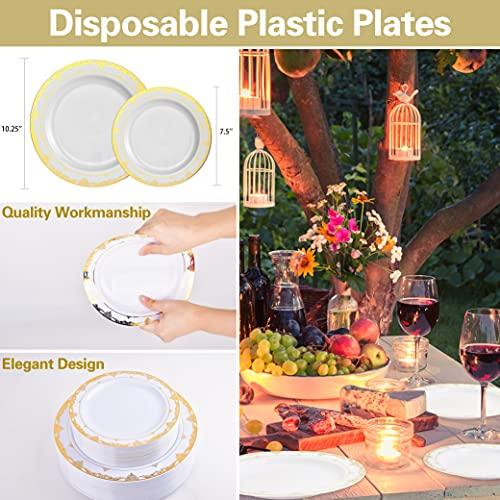 IUMÉ Plastic Plates, 100 Piece Gold Heavy Duty Plastic Dinner Plates, 10.25inch Disposable Plastic Dinnerware Plates and 7.5inch Dinner Dessert Plates Tableware Sets Disposable Plates for Wedding,Party