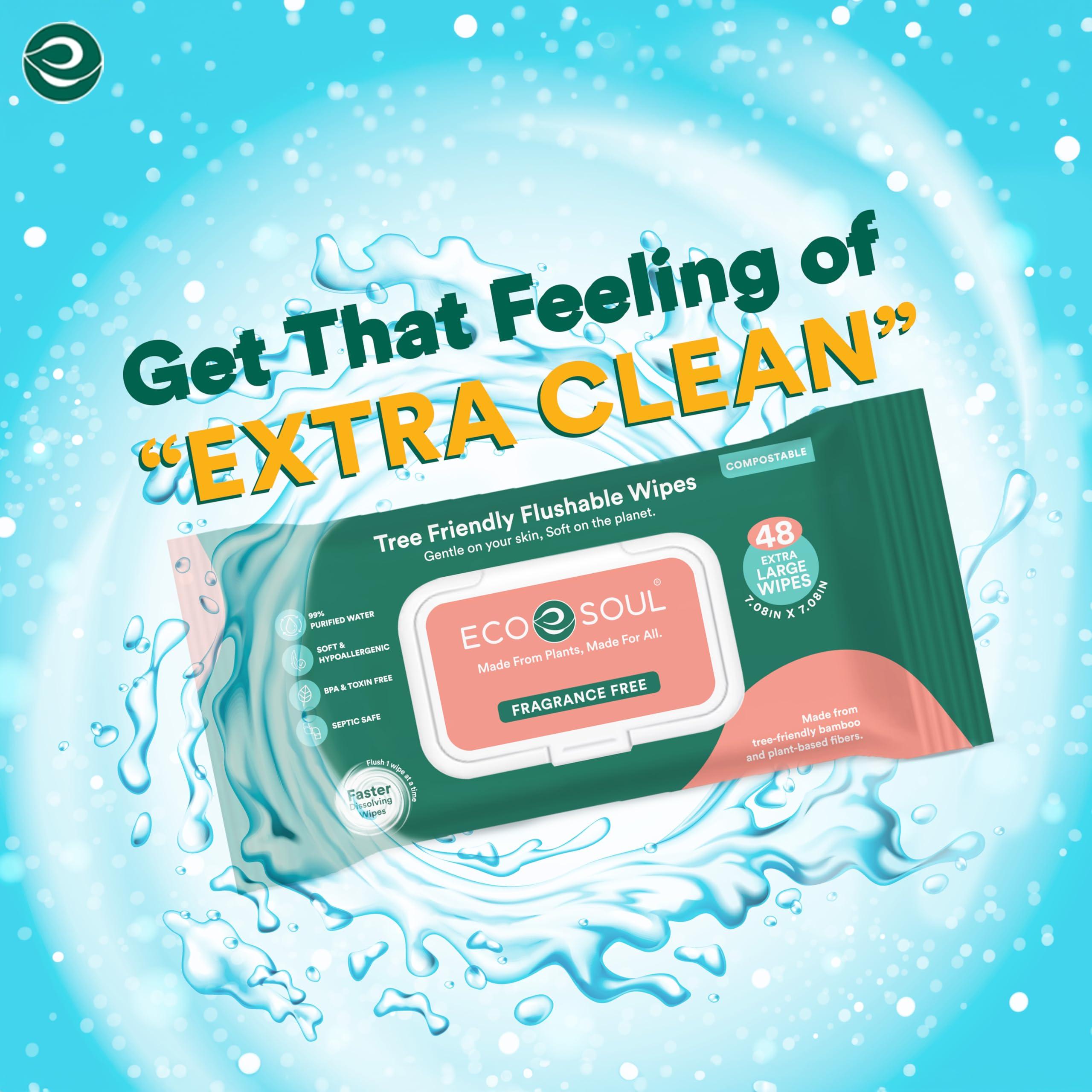 ECO SOUL ECO SOUL Bamboo Flushable Extra-Large Adult Wipes-Unscented 384 Count|8 Pack of 48|Eco-Friendly Bamboo Compostable| 99% Purified Water, Hypoallergenic,Soft Wipes, BPA & Paraben free