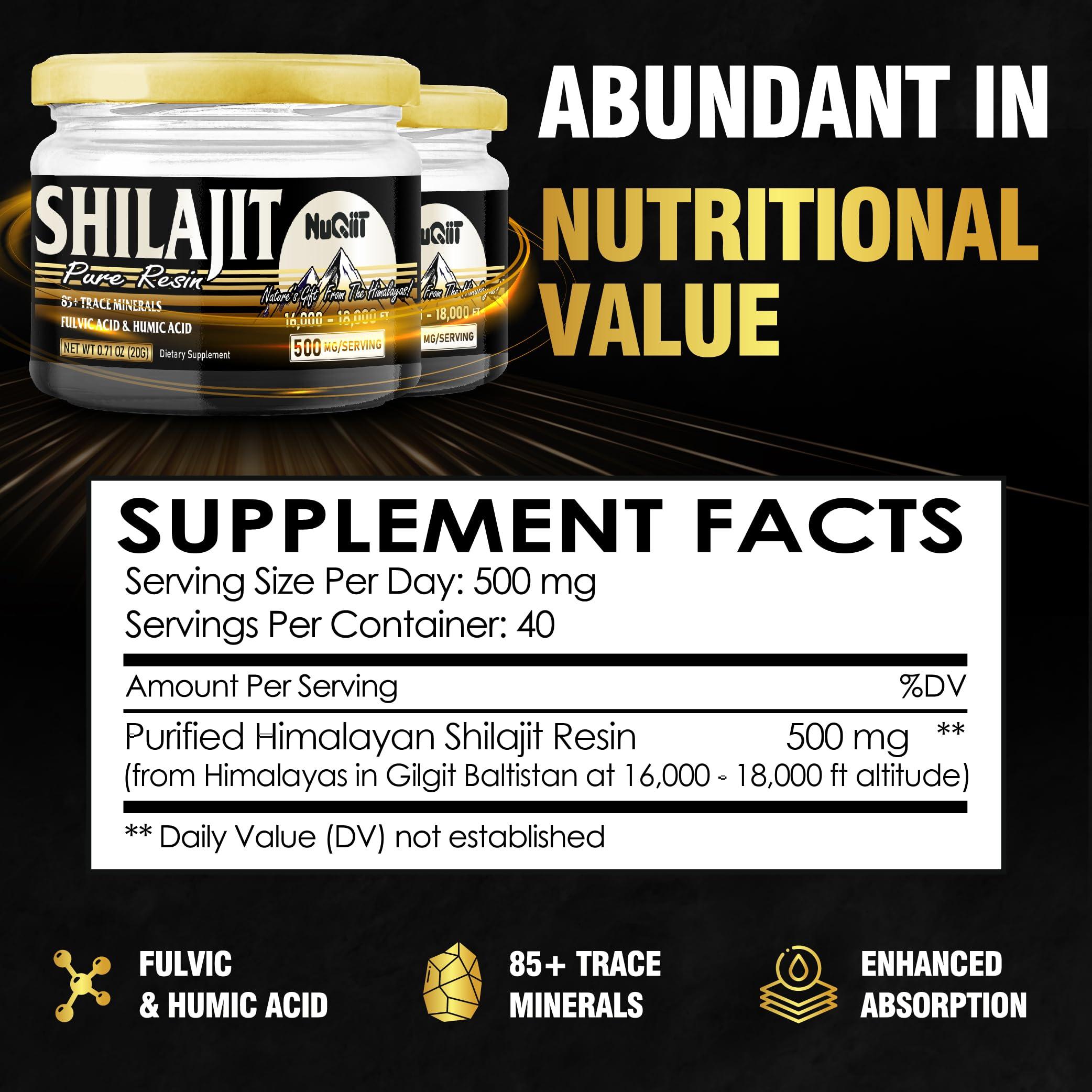 NUQIIT 2 Packs 20g Shilajit Supplement for 80-Serving Supply - Support Immunity, Brain Health & More - 500mg Shilajit Pure Himalayan Organic with Natural Fulvic Acid, Humic Acid & 85+ Trace Minerals