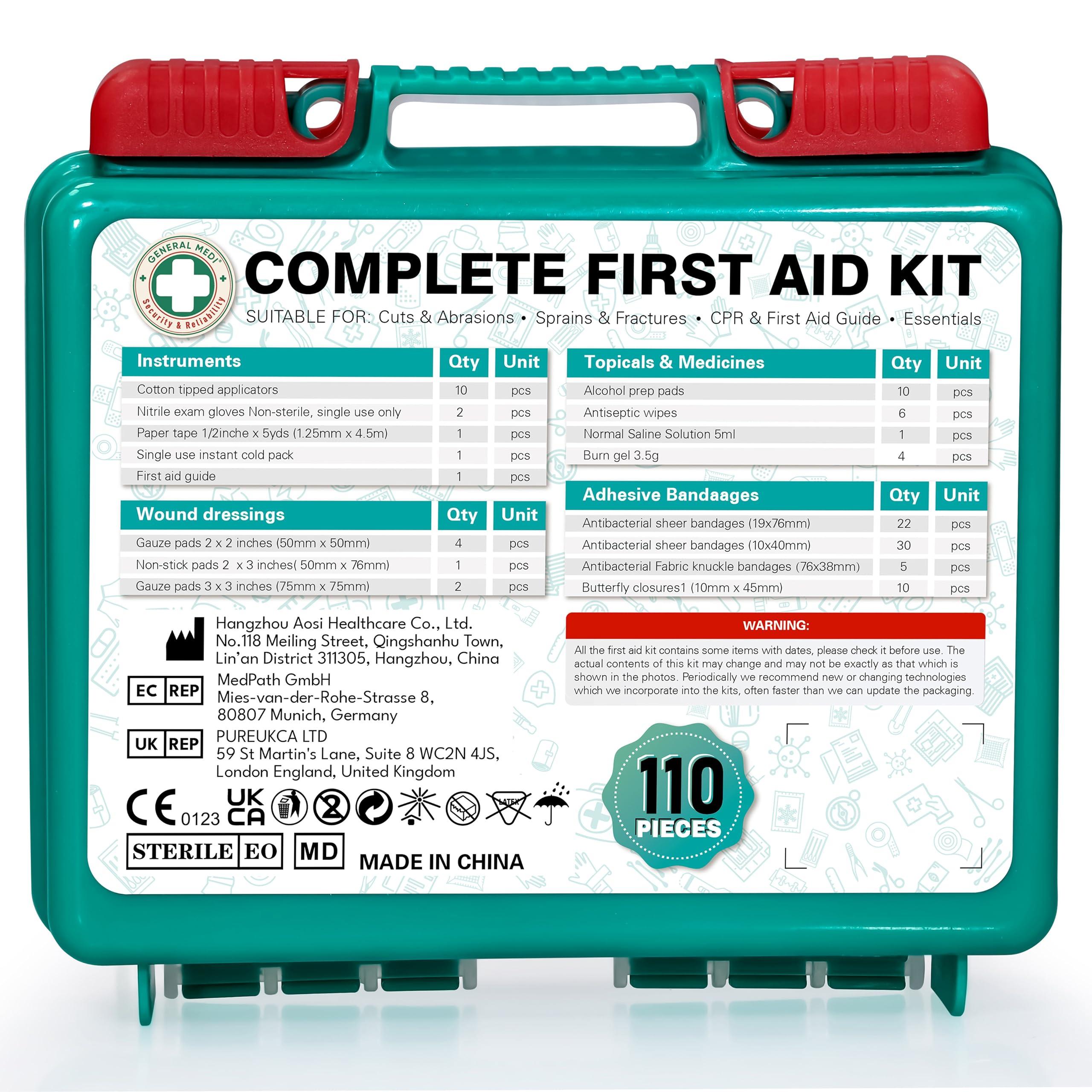 General Medi General Medi 110 Pieces Small First Aid Kit - HardCase First Aid Box - Contains Premium Medical Supplies for Travel, Home, Office, Vehicle, Camping, Workplace & Outdoor