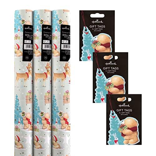 Hallmark Hallmark Forever Friends Christmas Wrapping Paper and Gift Tag Bundle - 3 Rolls of Paper in 1 Design with 3 Packs of 5 Gift Tags