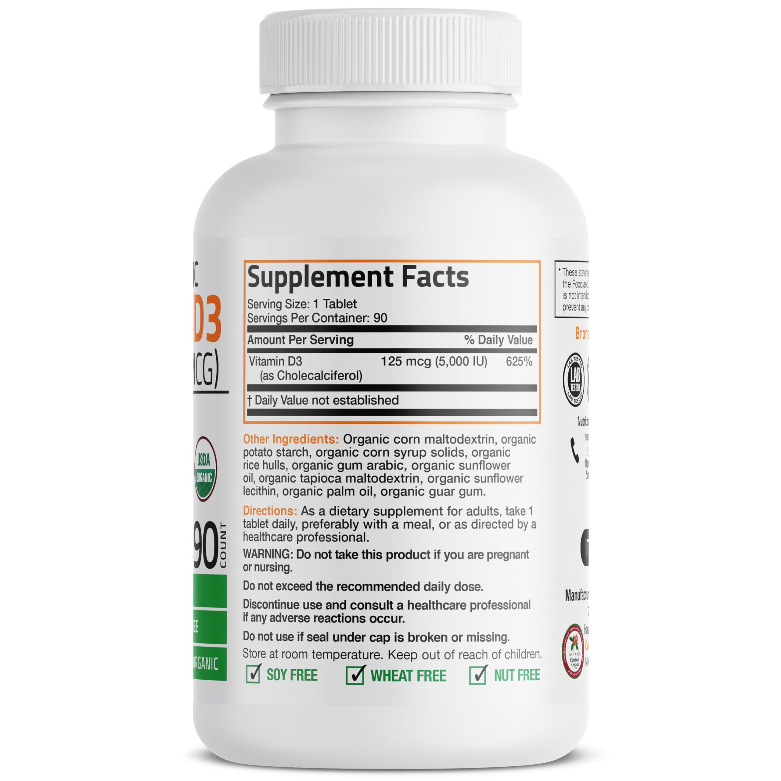 Bronson Vitamin D3 5000 IU Certified Organic Vitamin D Supplement, Non-GMO, USDA Certified, 90 Tablets