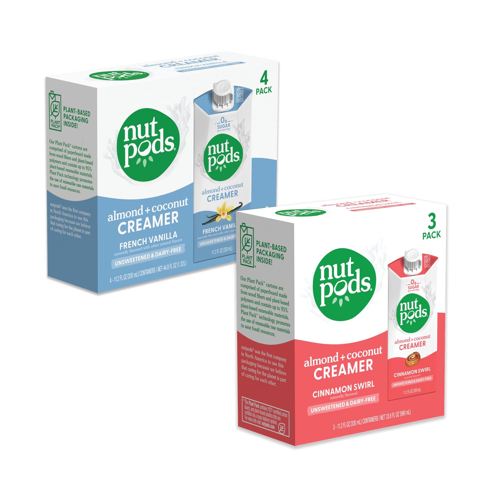 nutpods nutpods Non Dairy Coffee Creamer Bundle: a 4 pack of French Vanilla creamer and a 3 pack of Cinnamon Swirl creamer.