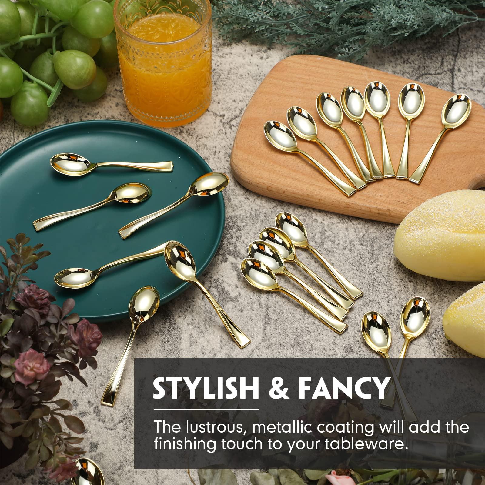 Mimorou 300 Pcs Disposable Mini Gold Spoons Bulk Plastic Gold Spoons Set 4 Inch Gold Dessert Spoons Small Plastic Serving Spoons Heavy Duty Plastic Tasting Spoons for Desserts Sampling or Appetizers