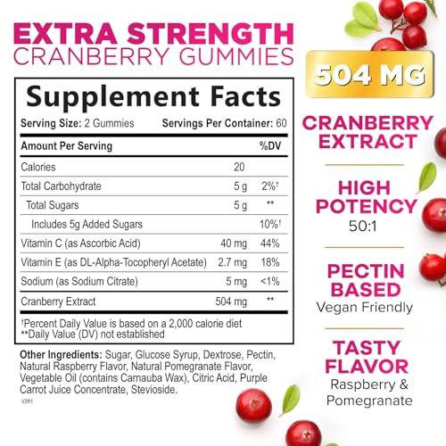 Nature's Nutrition Cranberry Gummies - Urinary Tract Health Gummy + Vitamin C - 25,000mg - Triple Strength Cranberry Concentrate Extract Supplement Pills, Ultimate Potency, Non-GMO, Gluten Free - 120 Gummies