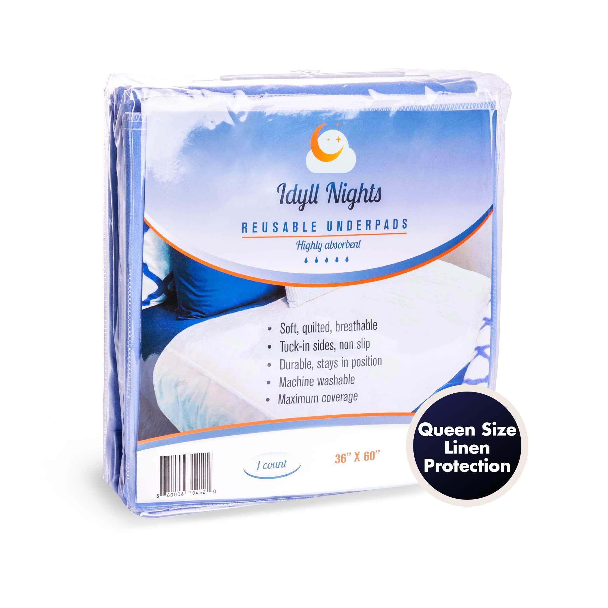 Idyll Nights Washable Incontinence Bed Pad - Waterproof with Tuck-in-Sides Leakage & Sweat Mattress Protector - Reusable Full/Queen 36x60 inch Bed Pad for Kids Adults and Pets