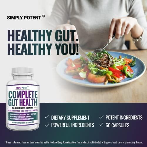 Simply Potent Complete Gut Health, Digestive Enzymes Plus Prebiotic, Probiotic & Post Biotic Gastrointestinal Support, Supports Gut Health & Immune Function, 60 Capsules