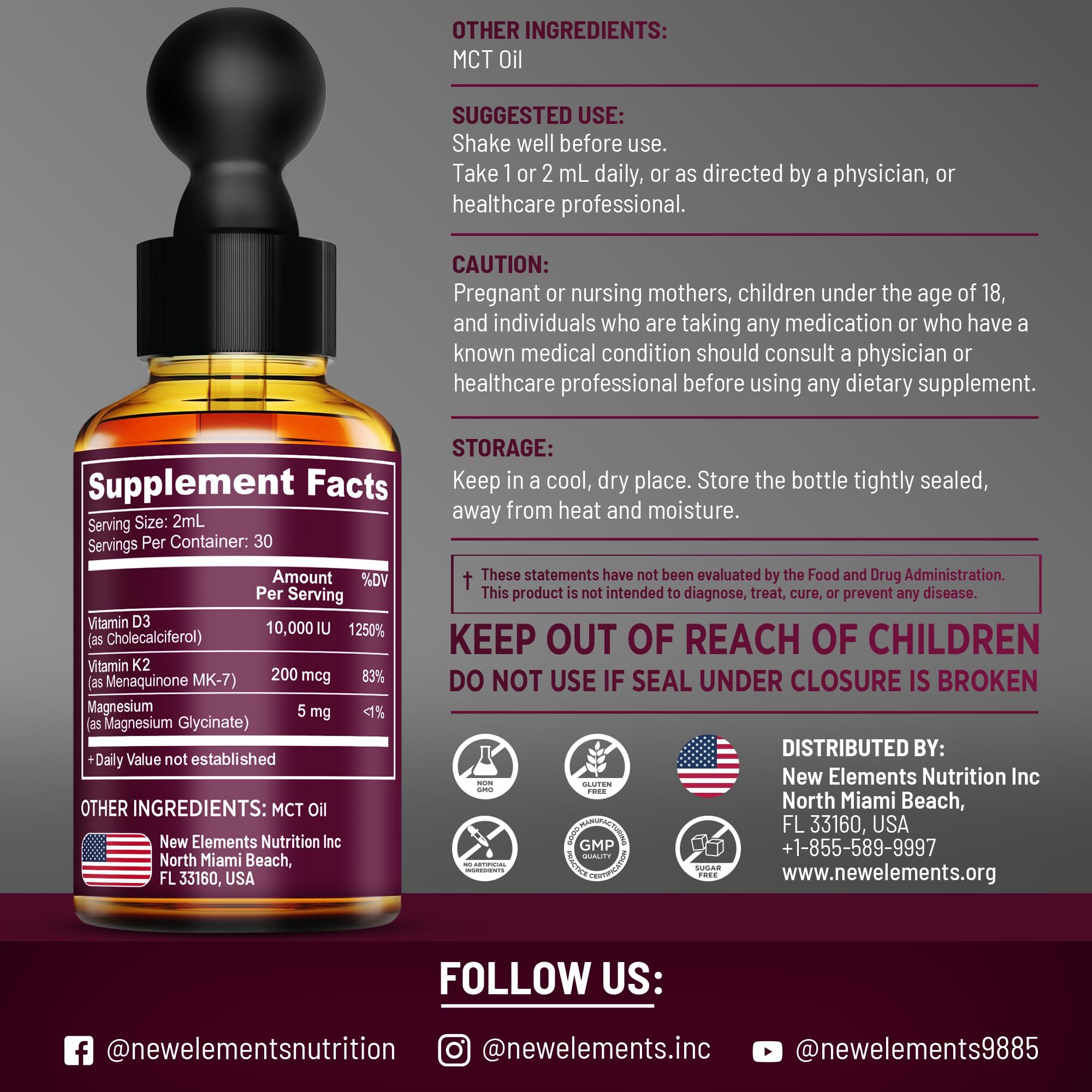 New Elements Liquid Vitamin D3 K2 10000IU with Magnesium Glycinate 5mg | VIT D3 K2 Drops for Adults | Mk7 Vitamin K2 100mcg | Vitamin D3 + K2 Supplement for Men & Women | Gluten Free | Non-GMO