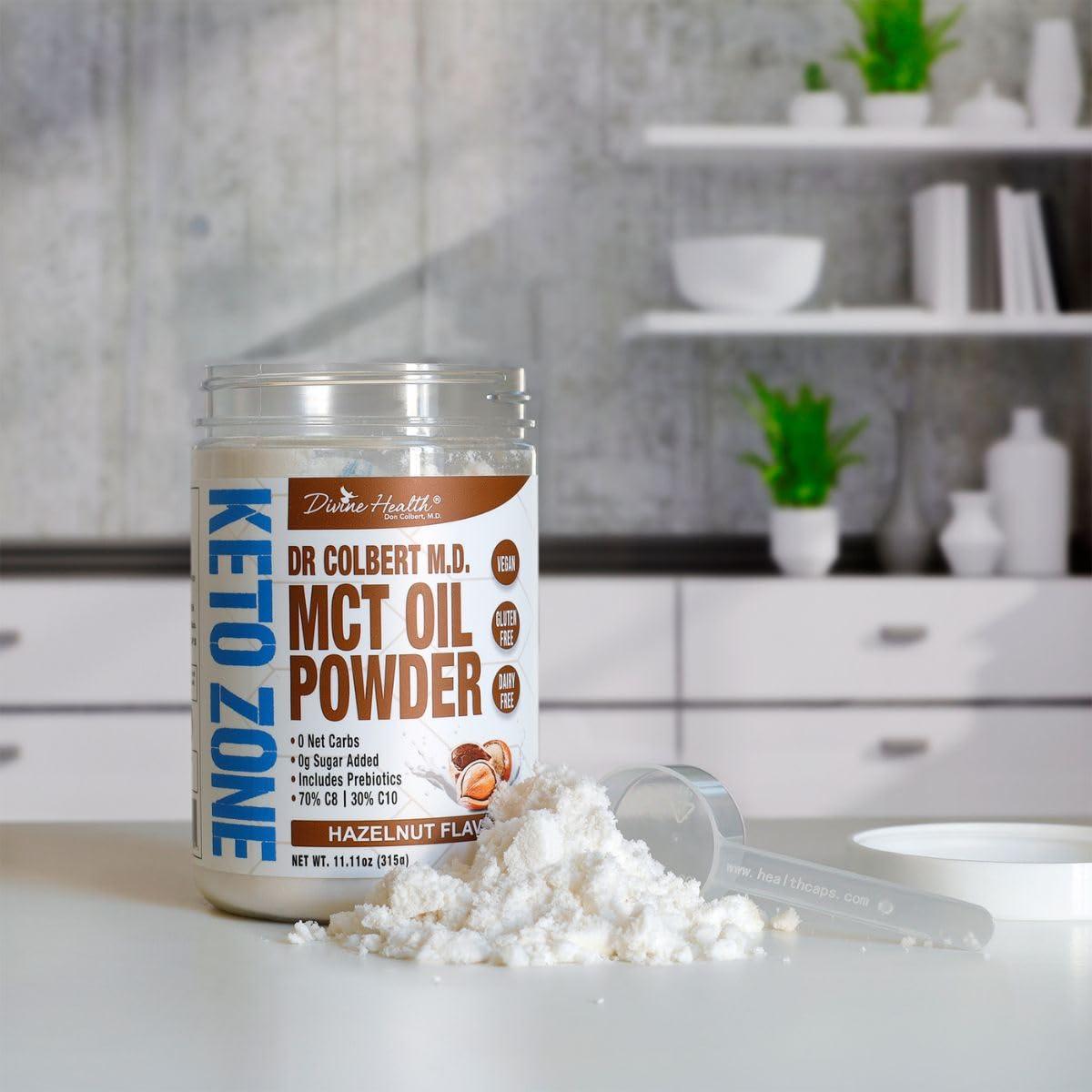 Divine Health Dr. Colbert MD MCT Oil Powder | Hazelnut Flavor | by Divine Health | Recommended in The Keto Zone Diet book | 70% C8 | 30% C10 | 0 Net Carbs | Alternative to Coffee Creamer | 315g