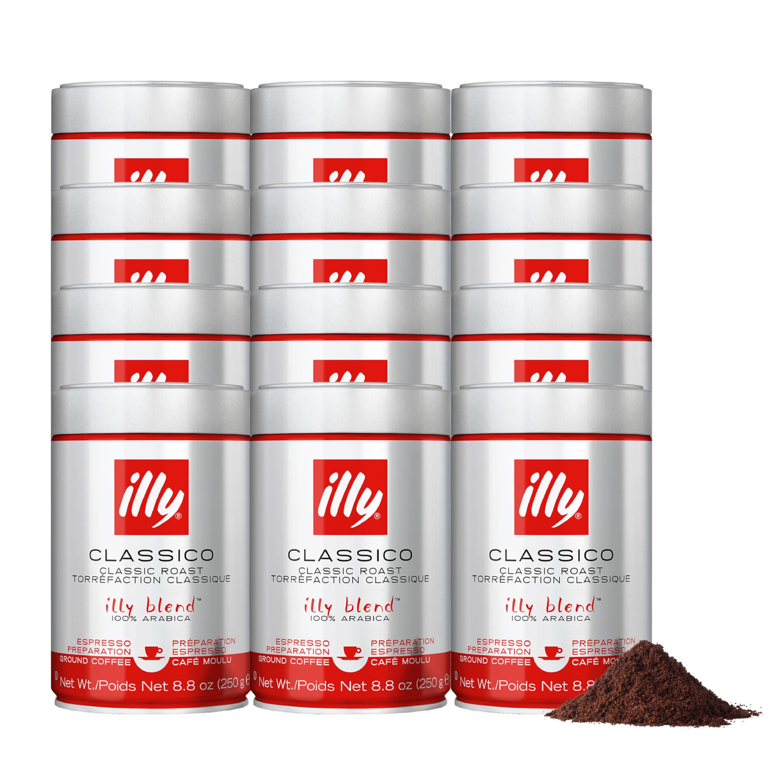 Illy illy Classico Espresso Ground Coffee - Medium Roast - Classic Roast with Notes of Chocolate & Caramel - 100% Arabica Coffee - 8.8 Oz Can (Pack of 12)