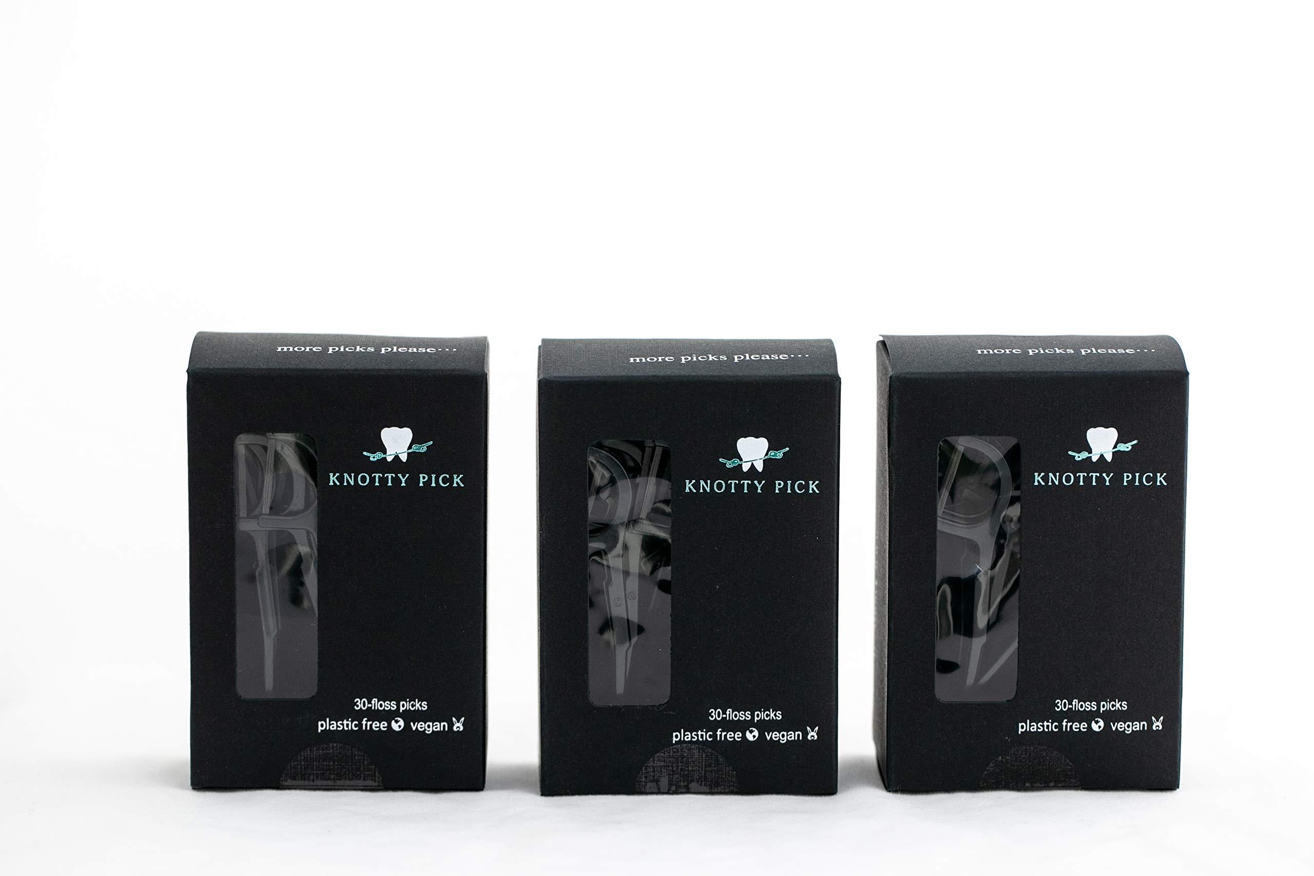 KNOT ORDINARY FLOSS Knotty Floss Bamboo Activated Charcoal with Grapefruit Seed Extract Floss Picks - Eco-friendly, pick is made of natural CORNSTARCH not plastic! Vegan - 3 Pack