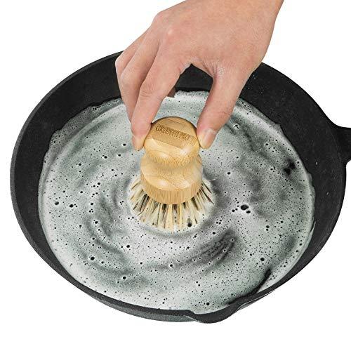 GREENTH PRO GREENTH PRO Palm Pot Dish Brush- Nature Bamboo 2 Packs Mini Durable Scrub for Kitchen Cleaning with Ceramics Holder