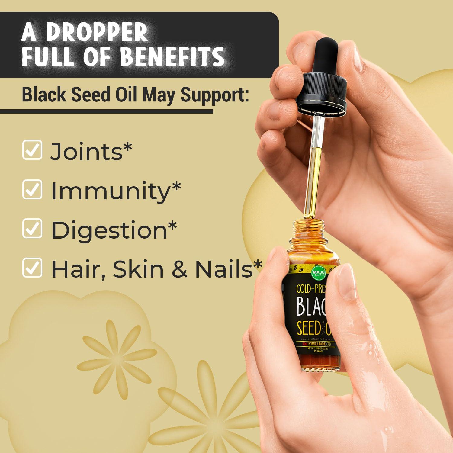 Maju Superfoods MAJU Black Seed Oil - 3 Times TQ, Cold-Pressed, Travel Size, 100% Turkish Black Cumin Seed Oil, Liquid Pure Blackseed Oil, Glass Bottle, 2 oz