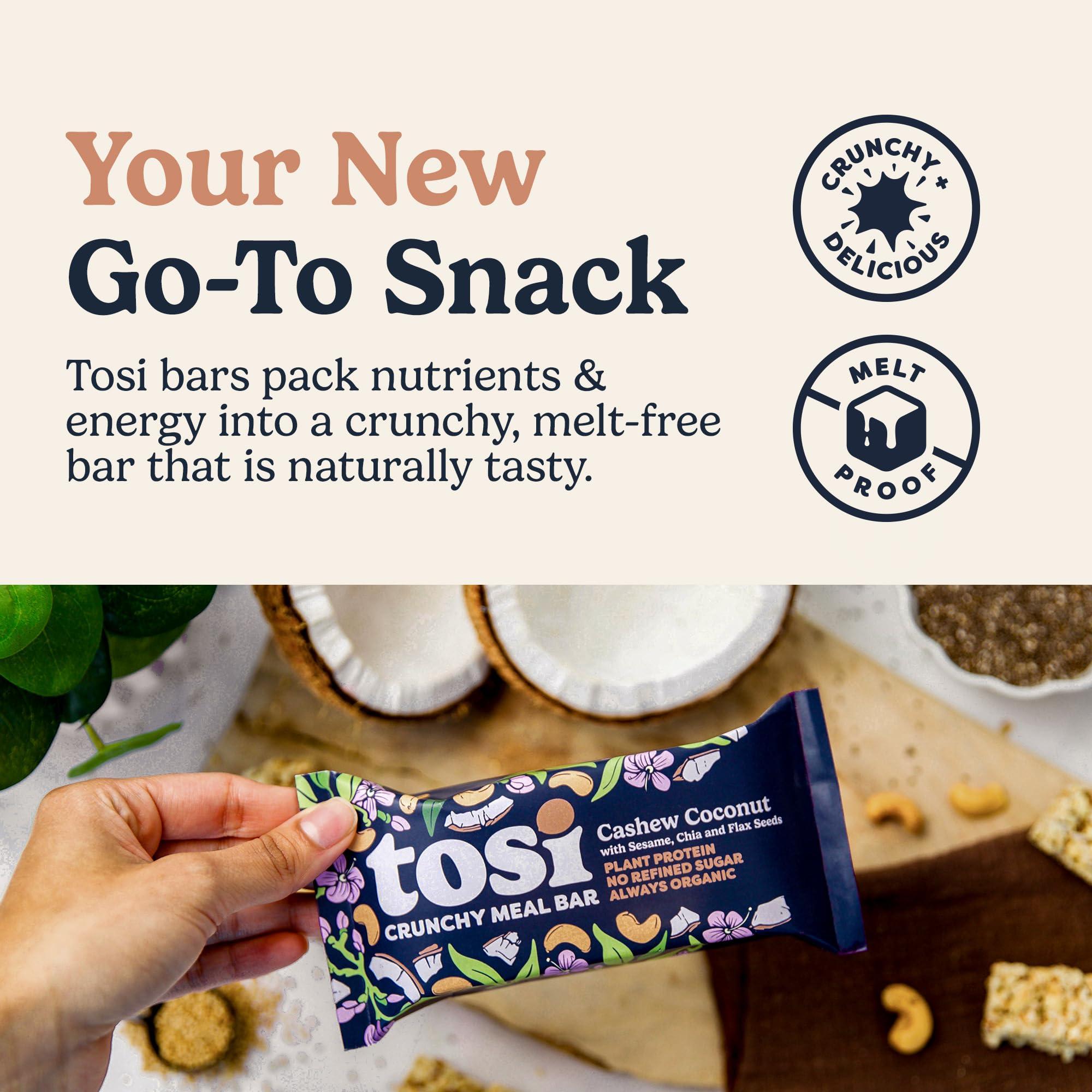 Tosi Tosi Cashew Coconut Protein Bars, Plant Based with Nuts, Gluten-Free Crunchy Snacks, Vegan, Organic, Flax & Chia Seeds, Soy-Free, Omega 3s, 14G Protein, 2.4 oz, 12-Pack
