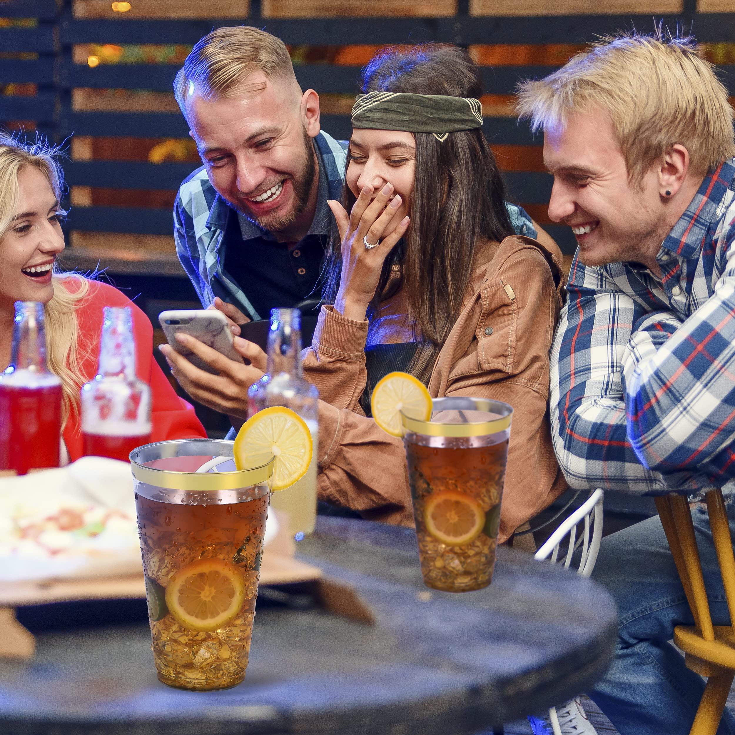 YOUTHSHIP YOUTHSHIP 100 Pcs 16 Oz Disposable Plastic Gold Rimmed Elegant Cups for Wedding, Birthday, Baby Shower Parties