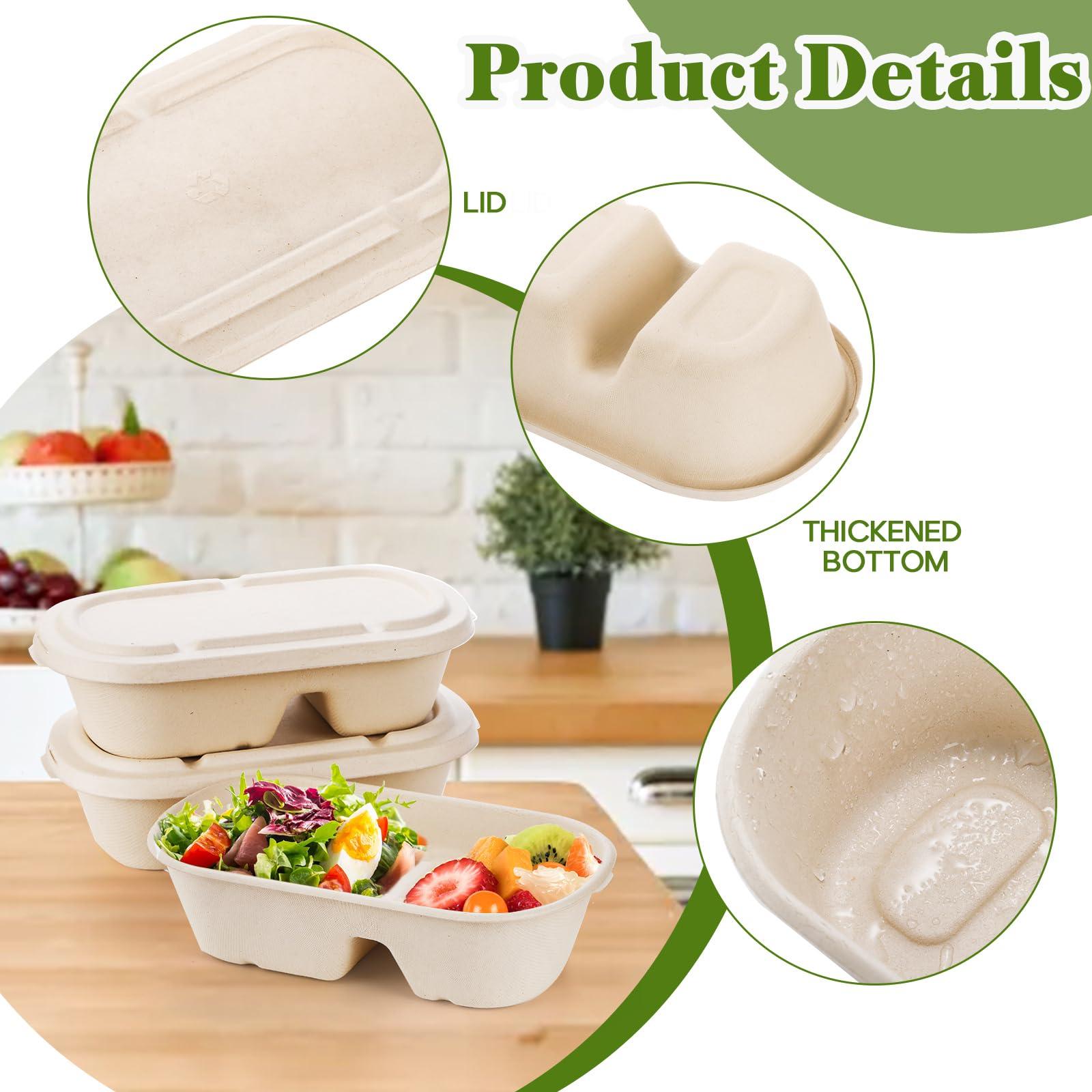 Yesland Yesland 50 Pcs Compostable Take Out Food Containers with Lid, 33 oz Bagasse to Go Container 2 Compartment Rectangular Disposable Paper Bowl, Meal Prep Food Container for Salad Leftovers