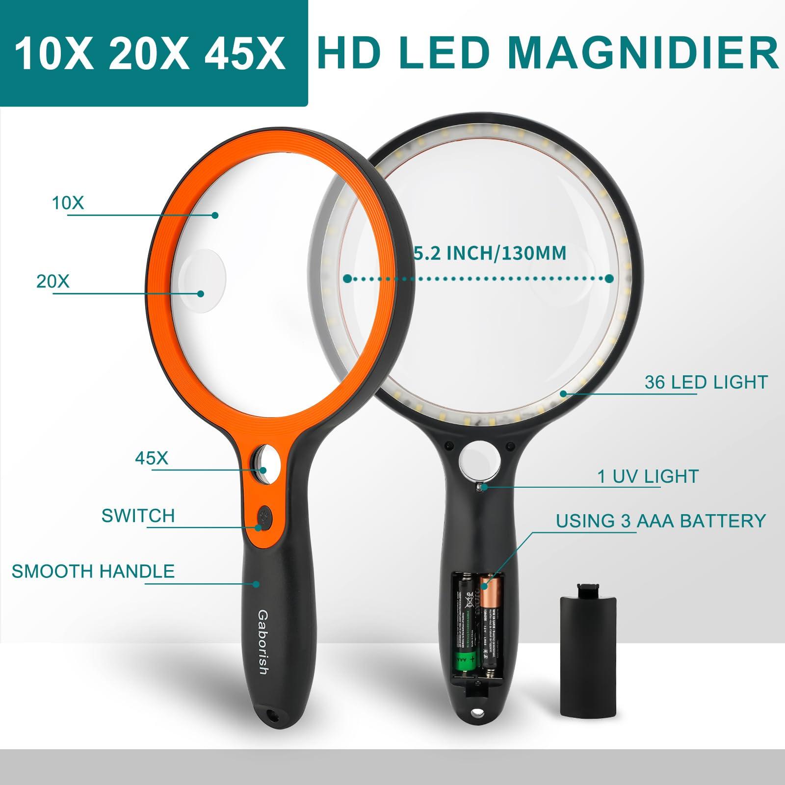 GABORISH Large Magnifying Glass with 37 LED Light, 10X 20X 45X Handheld Illuminated Lighted Magnifier for Seniors Reading, Inspection, Coins, Exploring Close Work