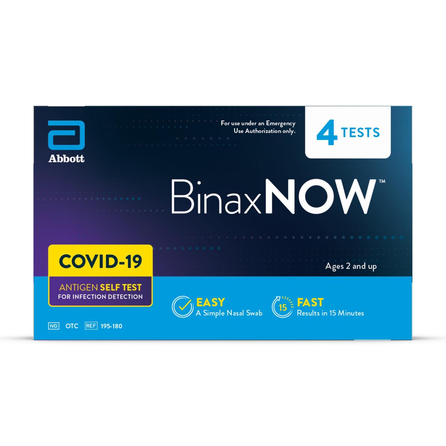 BinaxNOW BinaxNOW COVID-19 Antigen Self Test, 1 Pack, 4 Tests Total, COVID Test With 15-Minute Results Without Sending to a Lab, Easy to Use at Home