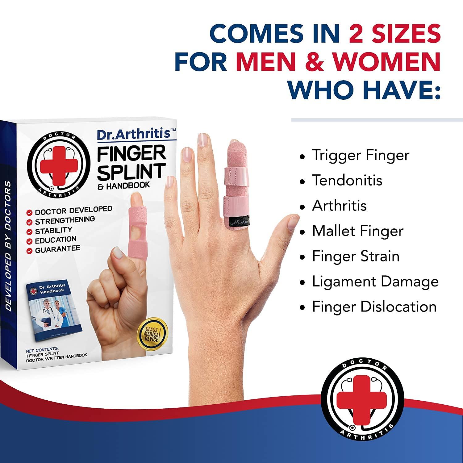 Dr. Arthritis Doctor Developed Finger Splint & Handbook - Trigger Finger, Arthritis, RSI - Fits Ring, Index, Pinky & Middle - 2 sizes (Pink, L/XL)