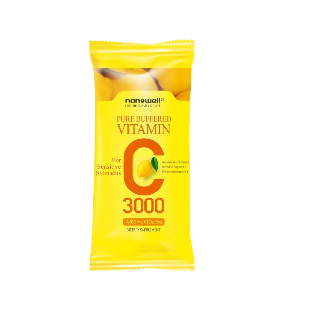 NANOWELL NANOWELL Pure Buffered Vitamin C Powder 3000mg per Serving, Dietary Supplement for Immune Support - 60 Sticks, 60 Day Supply