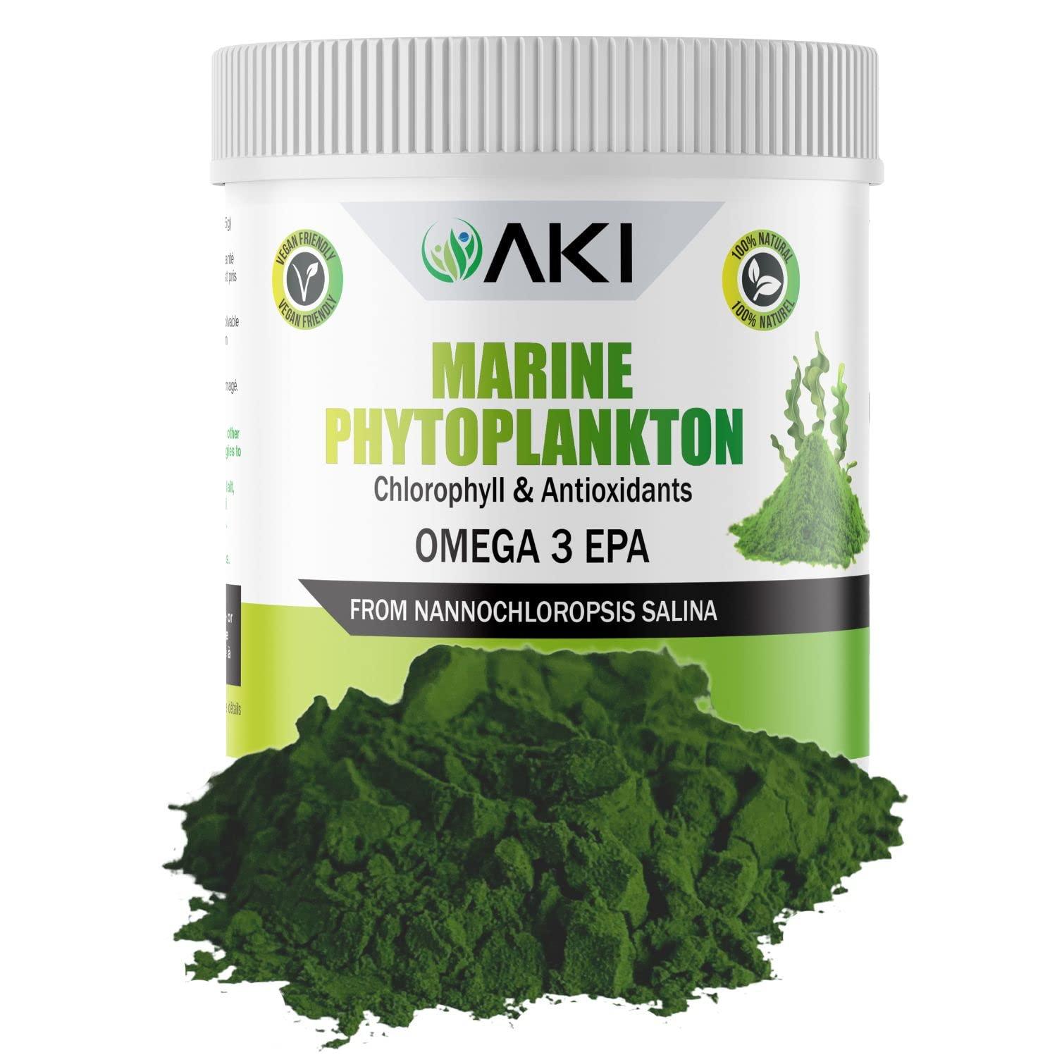AKI ORGANIC AKI Marine Phytoplankton Powder | Source of Raw Omega-3 EPA Micro Algae Nannochloropsis - Plant Based Proteins, Vitamins for Overall Wellness | Complete Protein Source, Vegan & GMO Free (2 Oz / 57G)