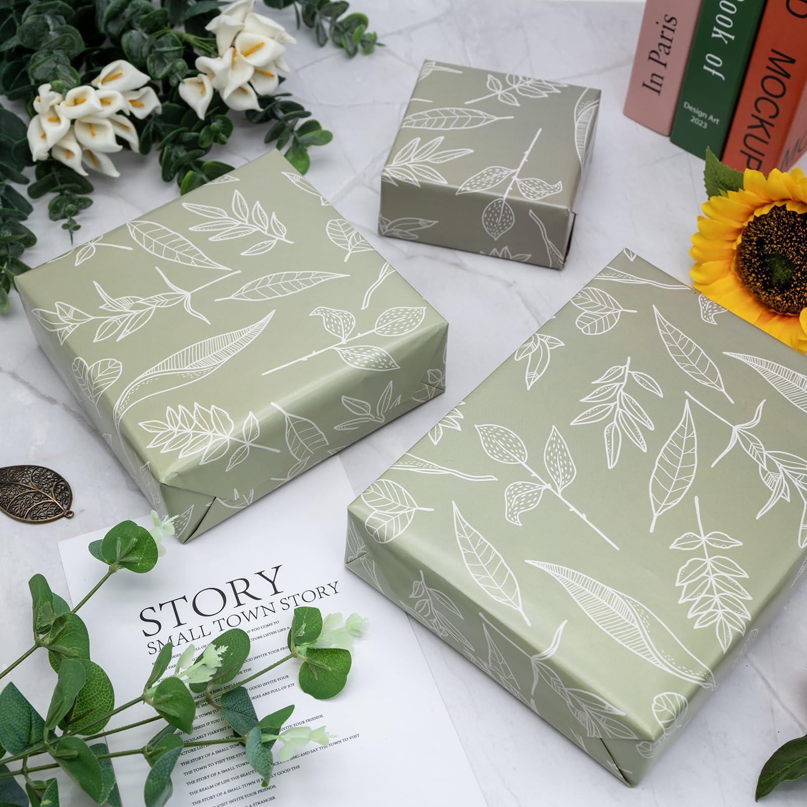 Dtiafu Dtiafu Sage Green Wrapping Paper Gentle Leaves Gift Wrap Paper Bulk Green Spring Designs for Women Girls Wedding Mothers Day Birthday Holiday Thanksgiving - 20 x 28 Inch Per Sheet (6 Sheet)