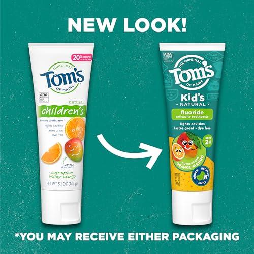 Tom's of Maine Tom's of Maine ADA Approved Fluoride Children's Toothpaste, Natural Toothpaste, Dye Free, No Artificial Preservatives, Outrageous Orange Mango, 5.1 oz. 3-Pack (Packaging May Vary)
