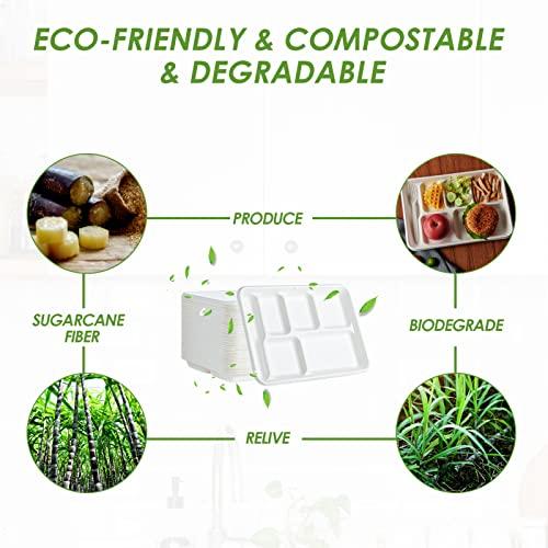 Vplus Vplus 100% Compostable 6 Compartment Plates, 90 Pack Compartment Paper Plate, 12.5 * 8.6 inch Disposable School Lunch Trays, Eco-Friendly Bagasse Plates for School Lunch, Buffet, and Party
