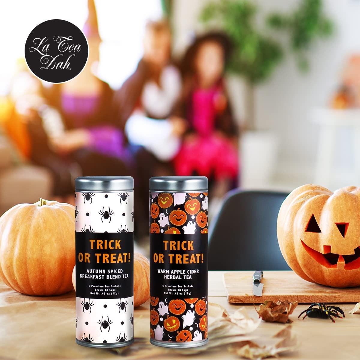 La Tea Dah Trick or Treat Gift Basket for Halloween by La Tea Dah, Warm Apple Cider Tea, Pumpkin Spice Breakfast Tea, and Two Honey Stirrers, Halloween Treats Non Candy, Gourmet Tea Gift Sets