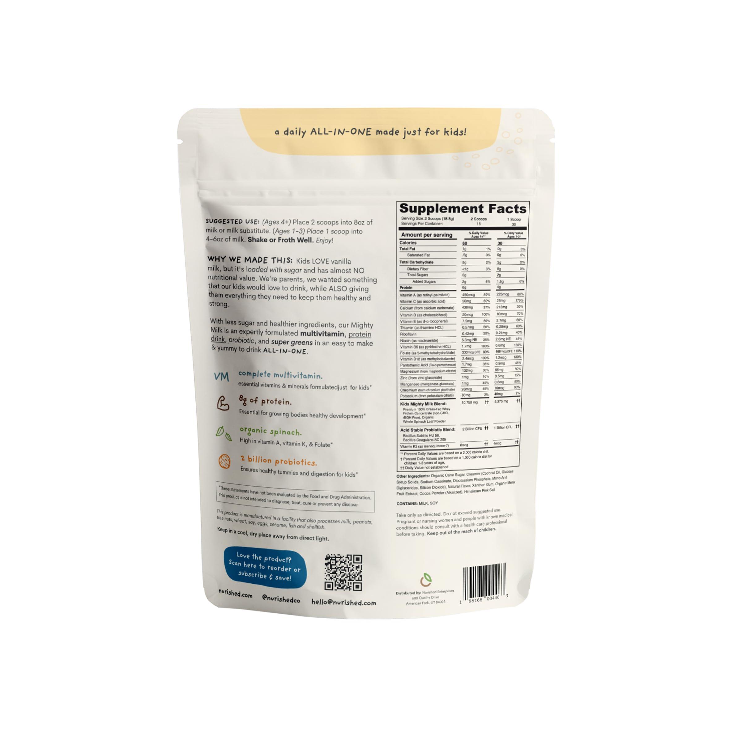 Nurished Nurished Vanilla Mighty Milk - Kids All-in-One Daily Protein Powder & Multivitamin Boosted with 2 Billion Probiotics & Organic Spinach - Natural Flavors, Colors & Sweeteners - 15-30 Servings