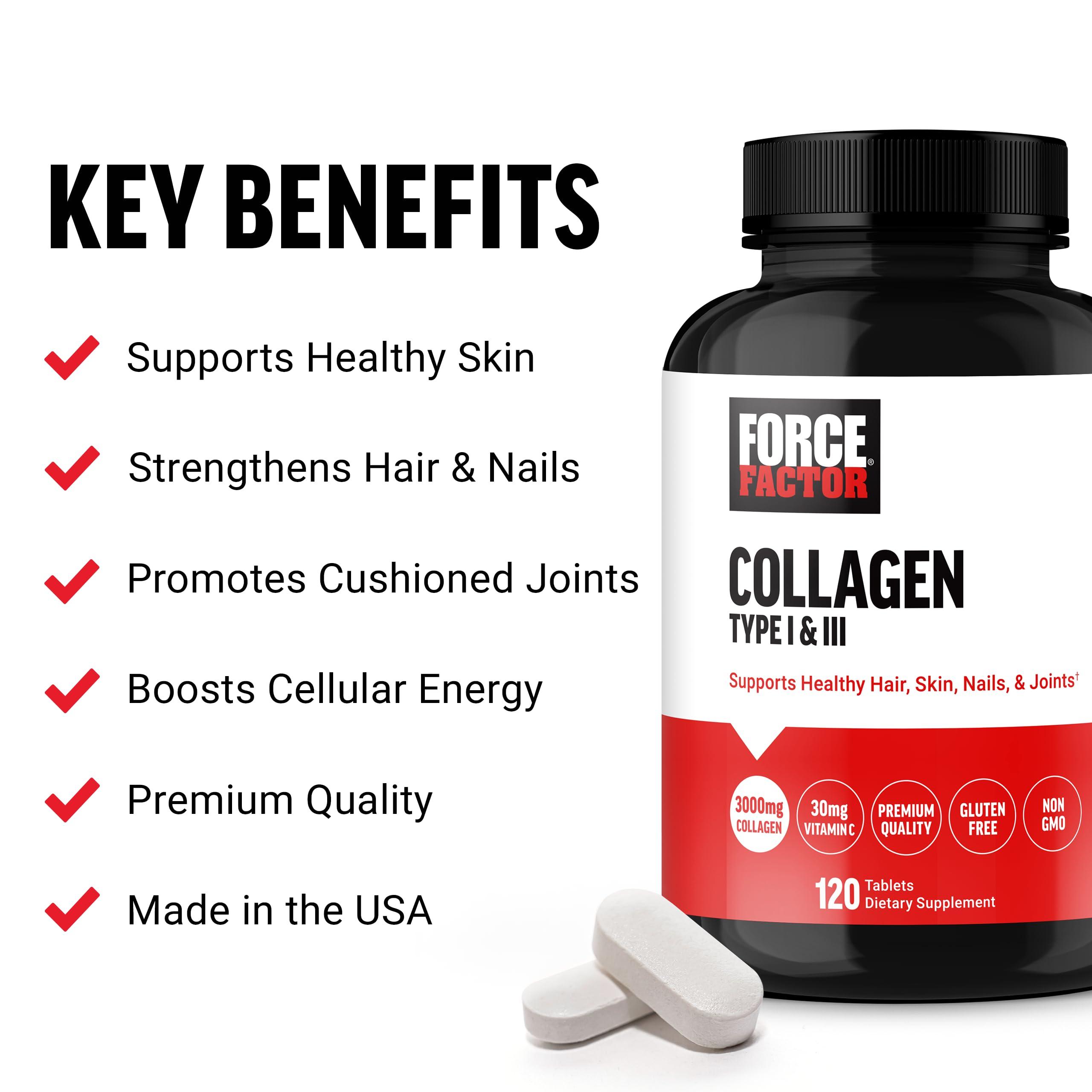 Force Factor FORCE FACTOR Collagen Peptides, Collagen for Women and Men Made with Hydrolyzed Bovine Collagen Type 1 & 3 for Healthy Hair, Skin, Nails, & Joints, Premium Quality, Non-GMO, 120 Collagen Pills