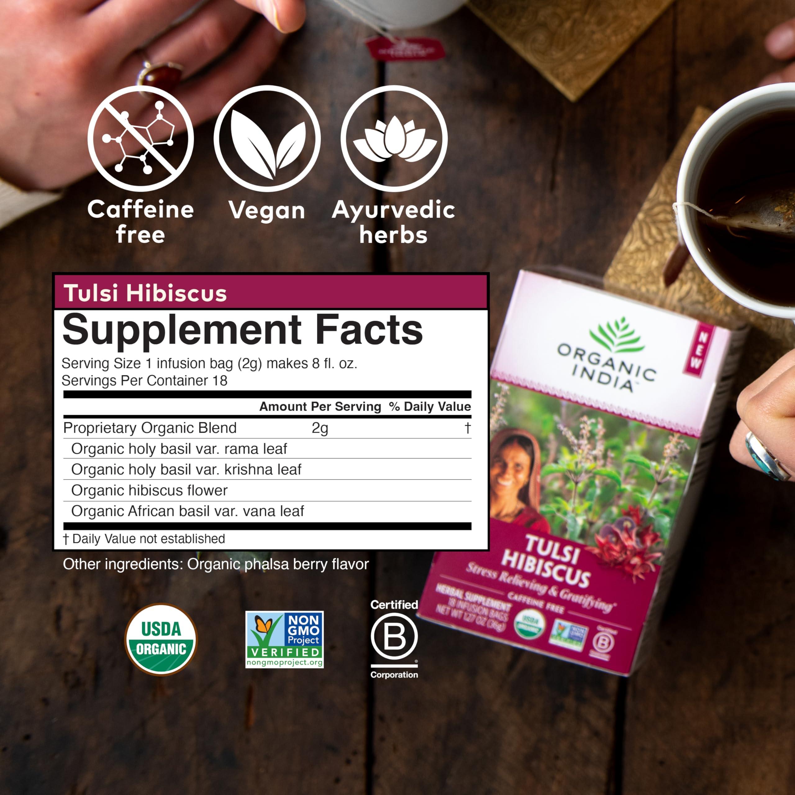 ORGANIC INDIA ORGANIC INDIA Tulsi Hibiscus Tea Bags - Holy Basil Herbal Tea, Stress Relieving, Immune Support, Adaptogen, USDA Certified Organic, Non-GMO, Calming, Caffeine-Free - 18 Infusion Bags, 1 Pack