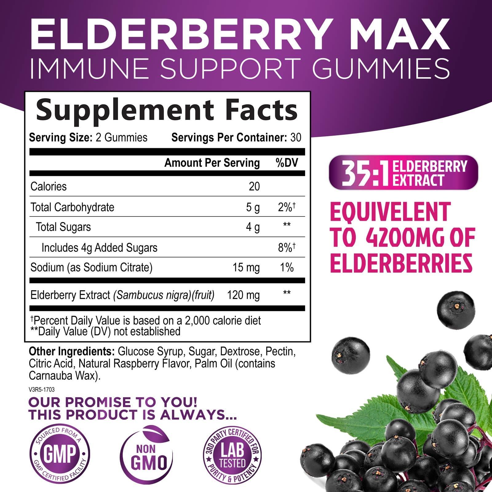 Nature's Nutrition Sambucus Elderberry Immune Gummies - Daily Immune Support for Kids & Adults - Super Concentrated 35:1 Extract, Equivalent to 4200mg of Elderberries, Black Elder Berry Vitamin Supplement - 60 Capsules