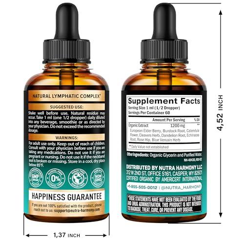 NUTRAHARMONY USDA Organic Lymphatic Drainage Supplement - Echinacea | Elderberry | Dandelion | Rosehip | Cleavers | Calendula | Burdock - Made in USA - Lymph System Drops - Immune Support, Cleanse & Detox, 2 fl oz