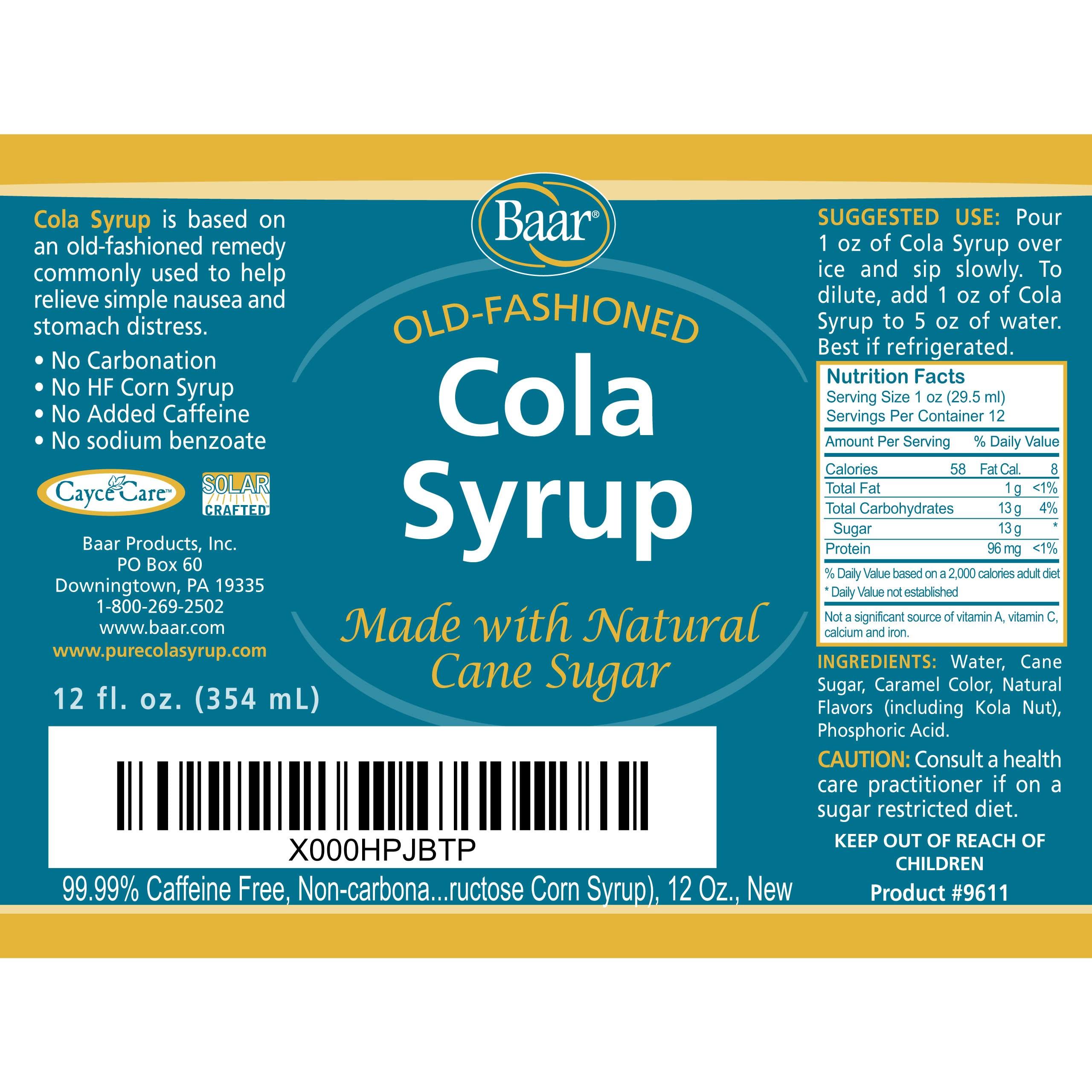 Baar Caffeine Free, Non-carbonated Cola Syrup with Pure Cane Sugar (No High Fructose Corn Syrup), 12 Oz.