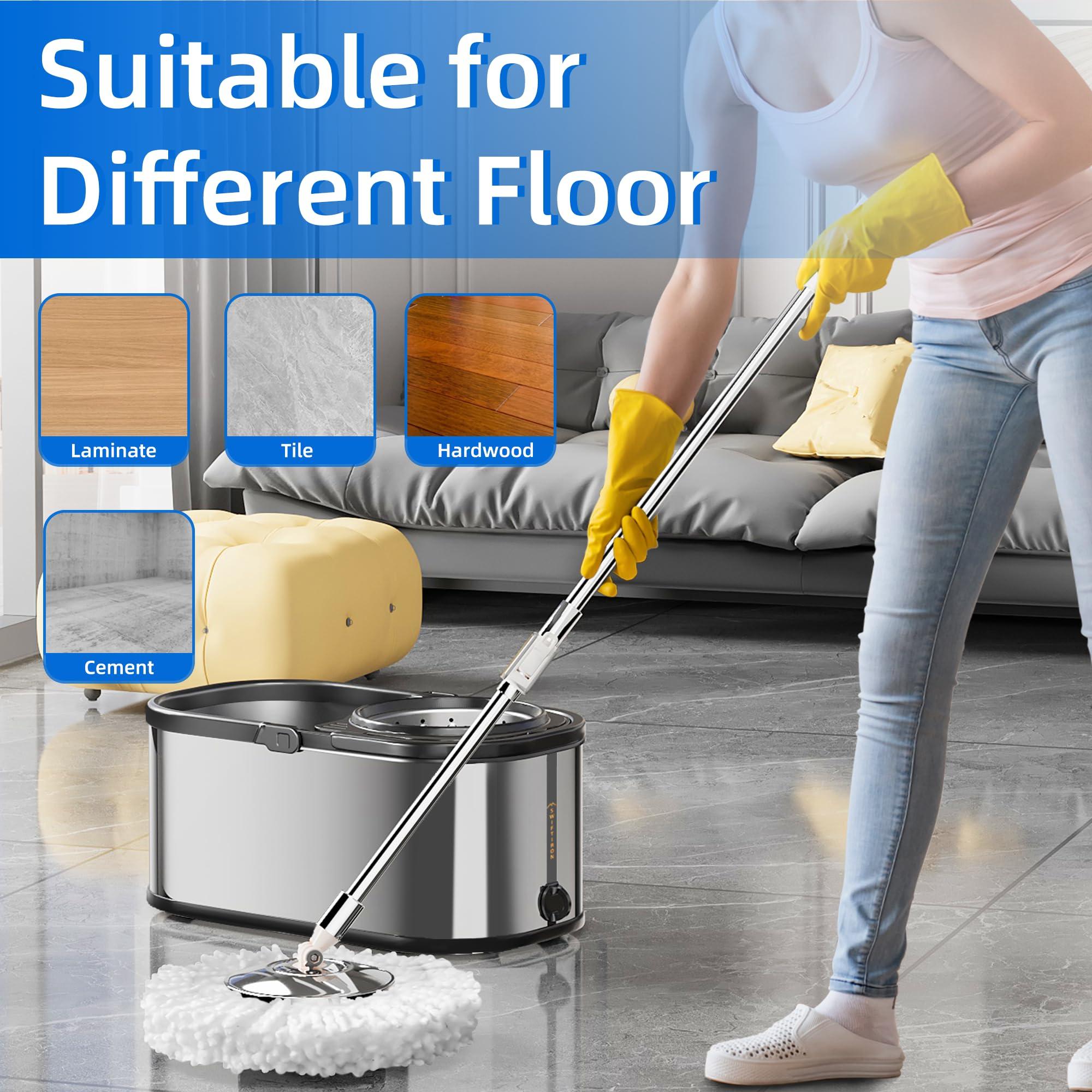 SWIFTIRON SWIFTIRON Spin Mop and Bucket Set for Cleaning with 4 Extra Refills Microfiber Heads, Mops for Floor Cleaning with Wringer, Silver Stainless Steel Mop and Mop Bucket