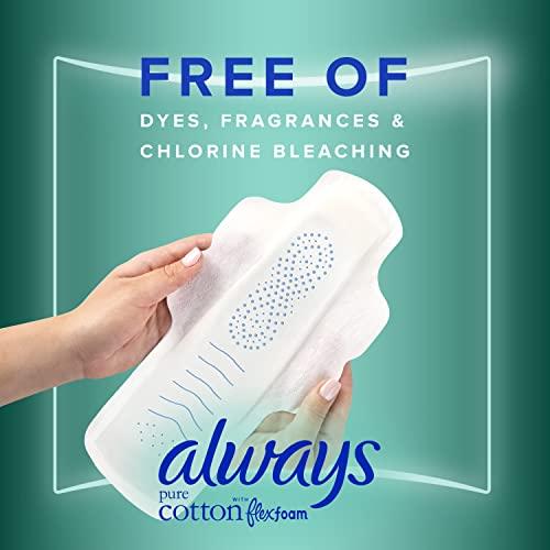 Always Always Pure Cotton, Feminine Pads for Women, Size 4 Overnight Absorbency, Multipack, with Flexfoam, with Wings, Unscented, 20 Count x 3 Packs (60 Count total)