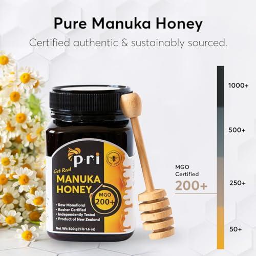 PRI PACIFIC RESOURCES INTERNATIONAL THE ESSENCE OF PRI Manuka Honey, Certified MGO 200+, Raw New Zealand Manuka Honey, 500g Jar