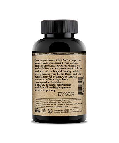 Vines Yard Vines Yard Iron Supplements | Natural Herbal Iron Pills | Organic Sarsaparilla, Dandelion, Burdock Root & Yellowdock Capsules 1200mg | 100 Pack