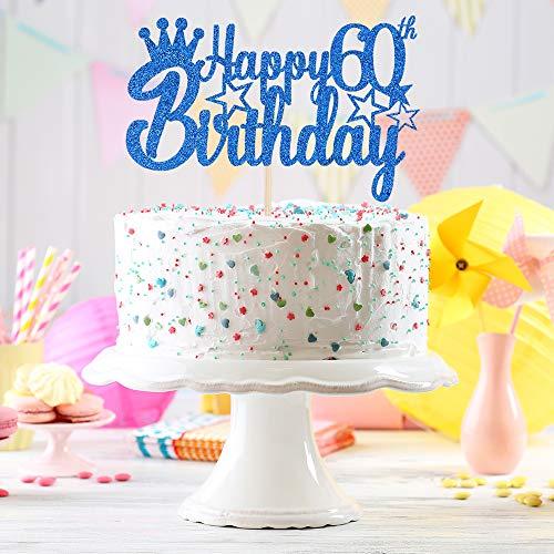 MonMon & Craft Blue Glitter Happy 60th Birthday Cake Topper for Cheers to 60 Years/Queen Men Birthday 60 Years Blessed Anniversary Retirement Party Decorations Supplies - High Grade Color