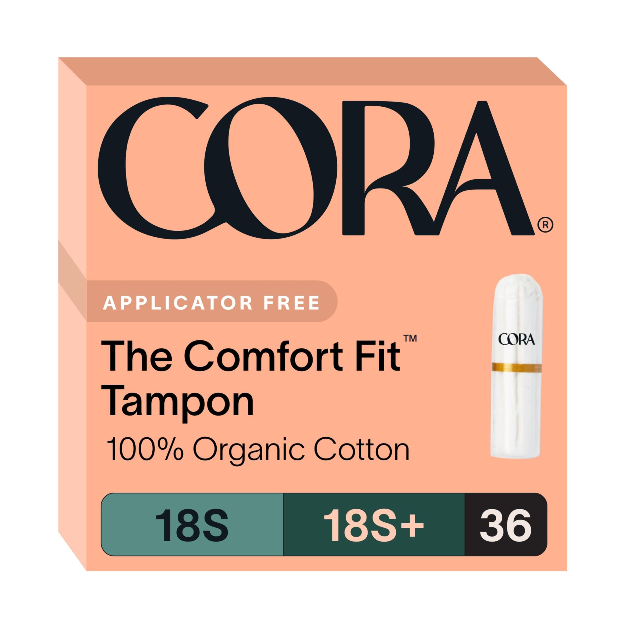 Cora Cora 100% Organic Cotton Non-Applicator Tampons | Ultra-Absorbent, Unscented, Natural, Non-Toxic, Applicator Free | Eco-Conscious S/S+ (36 S/S+ Tampons)