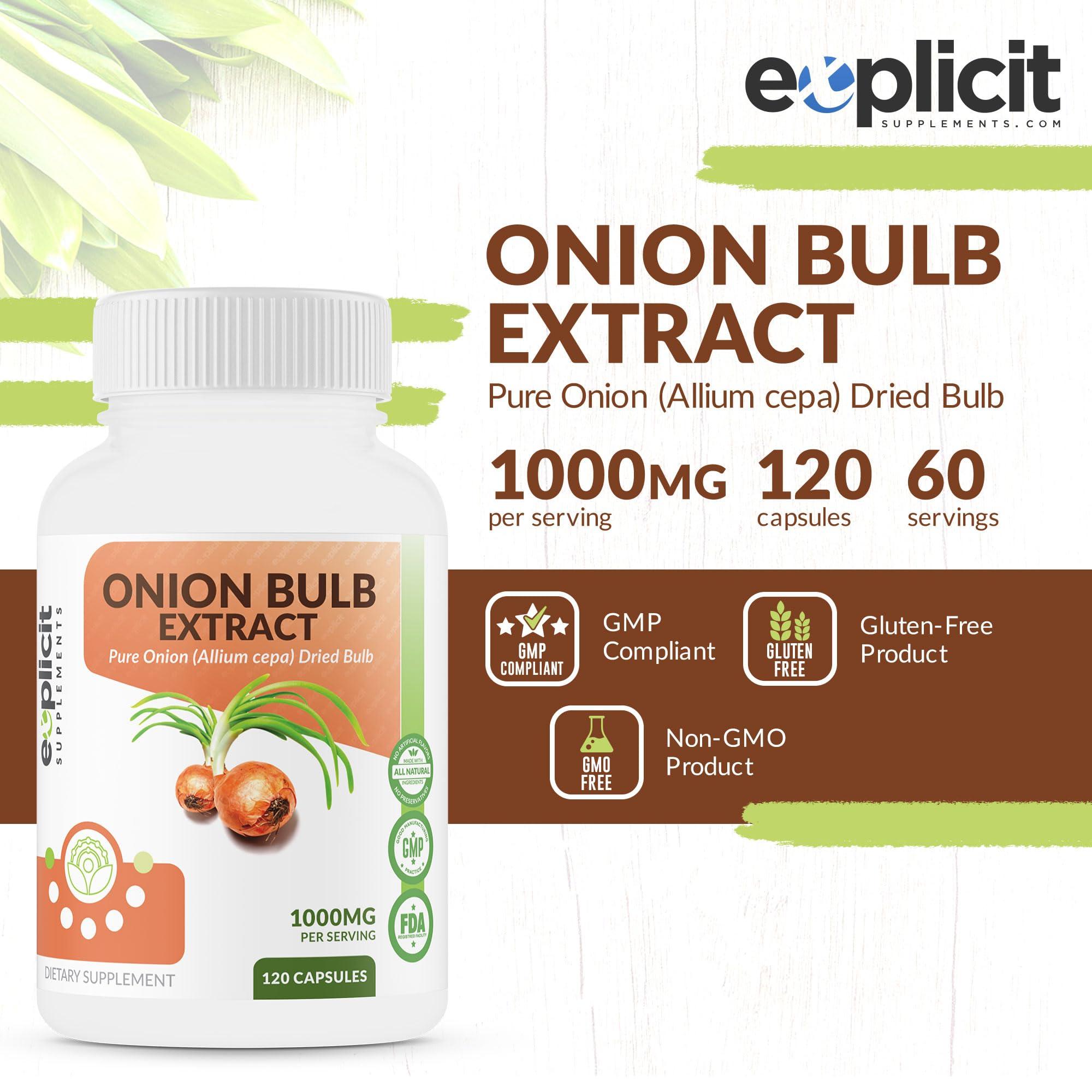 eXplicit Supplements All Natural Onion Extract 1000mg - Dried Onion Bulb (Allium Cepa) Herbal Supplement - 120 Capsules