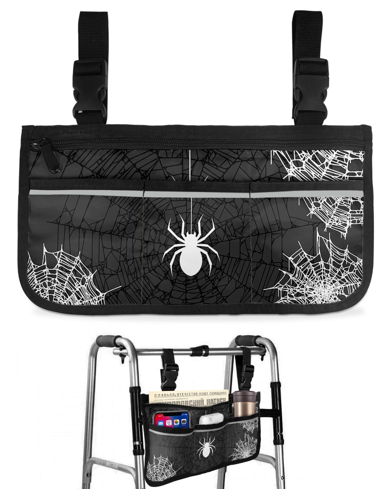 Sabolny Halloween,Wheelchair Side Bag, Wheelchair Walker Armrest Bags with Cup Holder & Reflective Stripes, Mobility Scooter Walker Rollator Wheelchair Accessories Black Grey Horror Watercolor