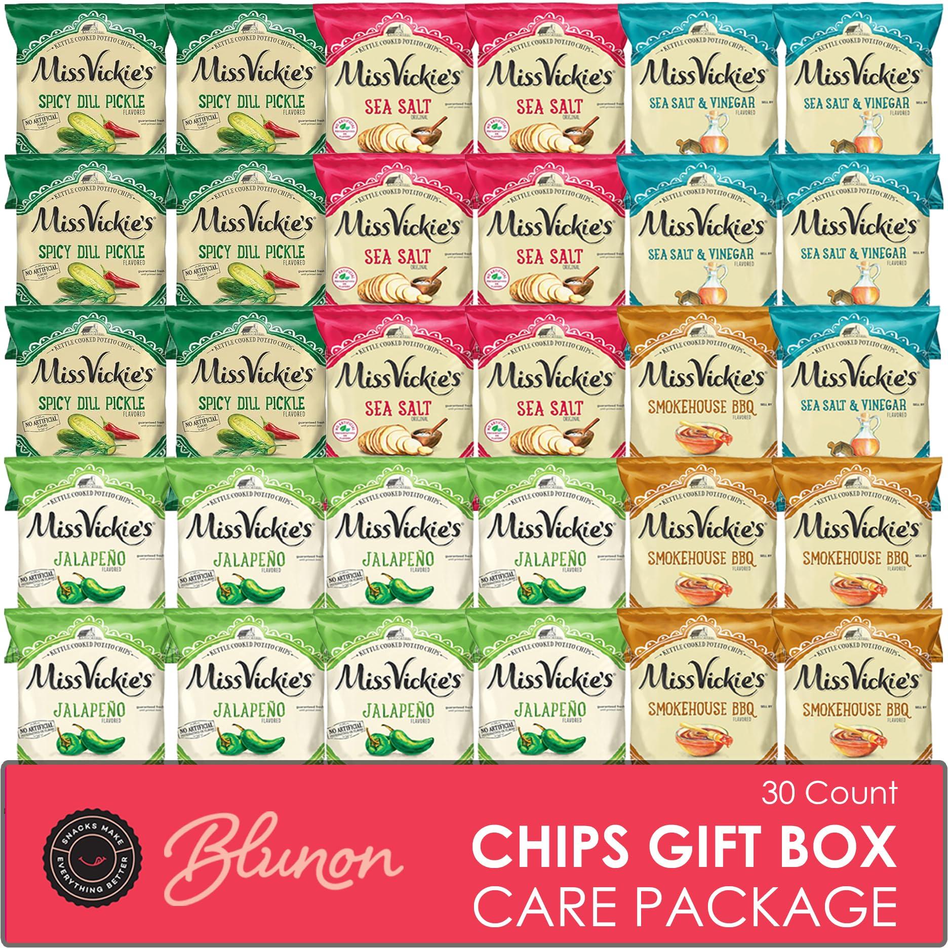 Blunon Miss Vickie Potato Chips Variety Pack - Kettle Cooked Bulk Assortment - Care Package Gift Box (30 Count)