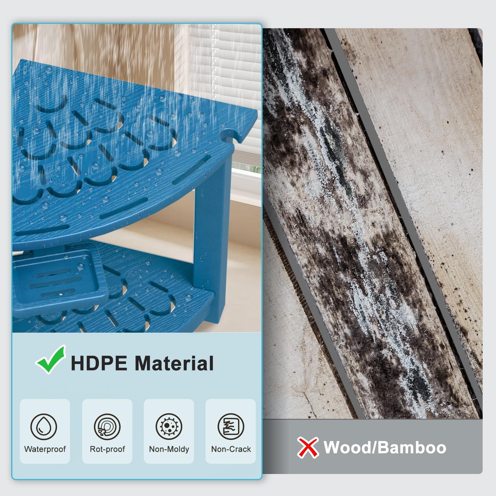 nalone nalone Corner Shower Stool, HDPE Shower Bench for Inside Shower, Small Shower Chair Seat for Shaving Legs with Storage Shelf, Soap Box and No-Slip Feet (Navy Blue)