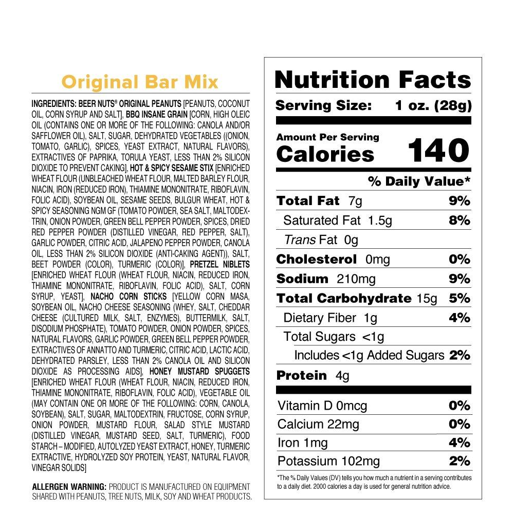 BEER NUTS BEER NUTS Original Bar Mix - Pretzels, Cheese Stix, Sesame Stix, Insane Grain - Beer Bottle Bags 12 Pack Box - 1.125oz Individual Bags
