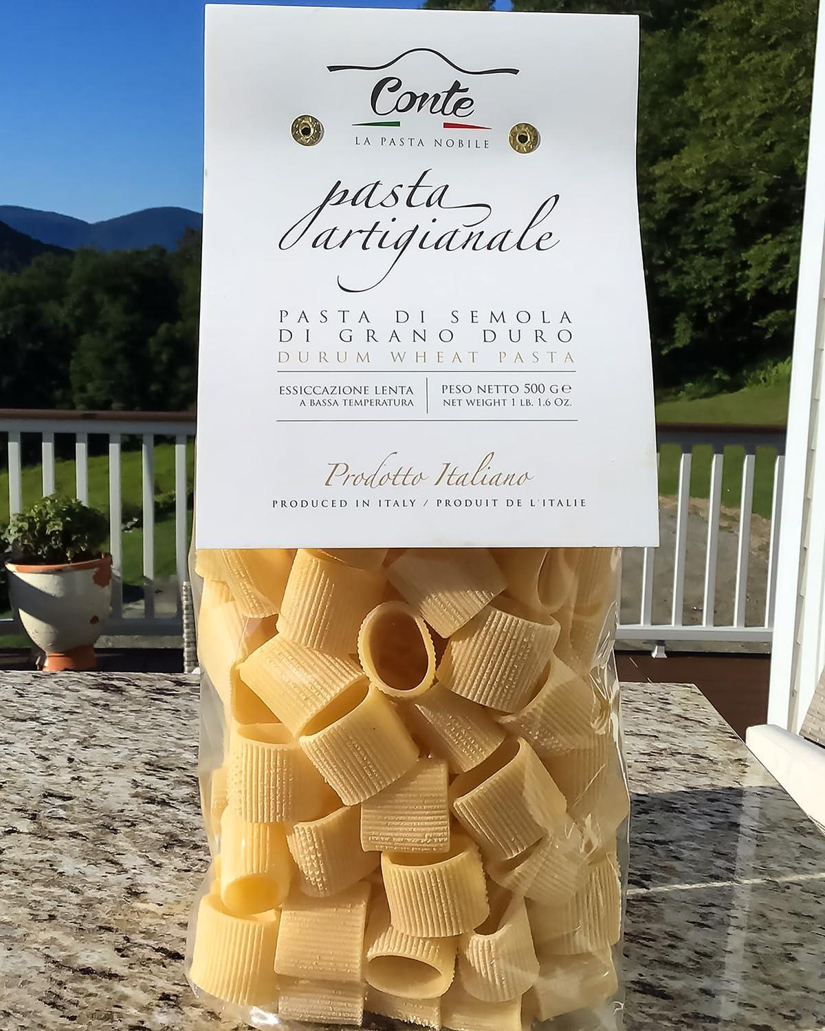 Fortuna\'s Conte Mezze Maniche Pasta - Imported from Italy, 500g (1 lb) - Artisanal Durum Wheat Blend - High Protein, Low Ash - Golden Yellow Grain - Impurity-free Water - Static Drying