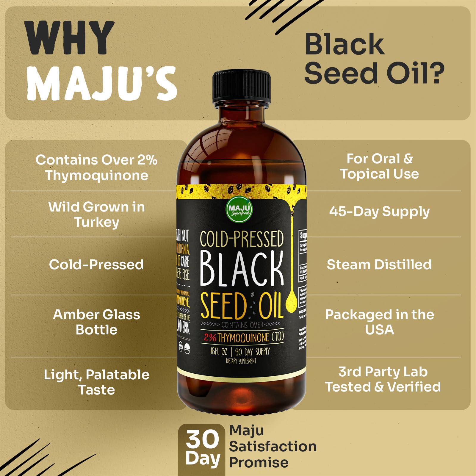 Maju Superfoods MAJU\'s Black Seed Oil 16oz: 3X Thymoquinone, Cold Pressed, 100% Turkish Black Cumin Nigella Sativa Seed Oil (Better Than Organic), Non-GMO, 100% Liquid Pure Blackseed Oil, Glass Bottle